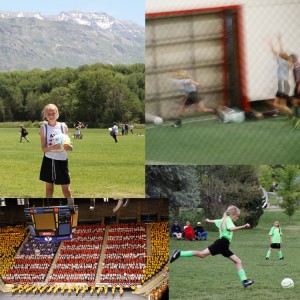 We've discovered Emma has a natural talent in all things soccer. The blurry picture one of her many goals (guess we need to learn more about sports photography). And the bottom left picture is last school year, the 5th graders in the district performing the Hope of America.